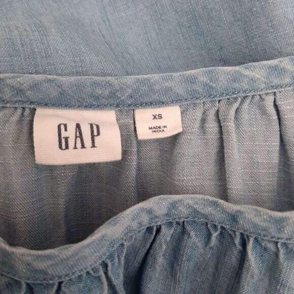 GAP Relaxed Fit Ruffle Blouse Top Chambray Blue Sz XS - Picture 10 of 11